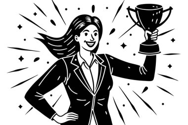 Vector Illustration of a Happy Woman Holding a Victory Trophy clipart