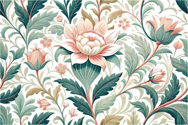 Ornate Botanical Drawing with Peonies and Decorative Leaves clipart