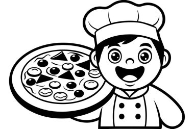 Sevimli Genç Aşçı Kız Bir Pizza Çizgi Filmi İllüstrasyonu Tutuyor