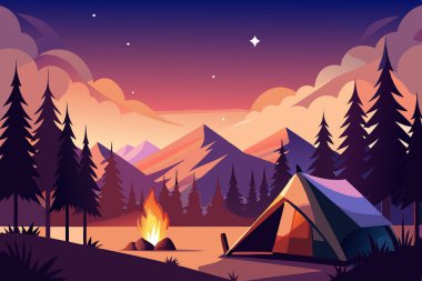 Serene Twilight Forest Illustration with Kamp Ateşi ve Çadır