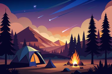 Serene Twilight Forest Illustration with Kamp Ateşi ve Çadır