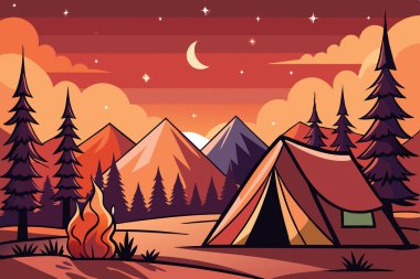 Serene Twilight Forest Illustration with Kamp Ateşi ve Çadır