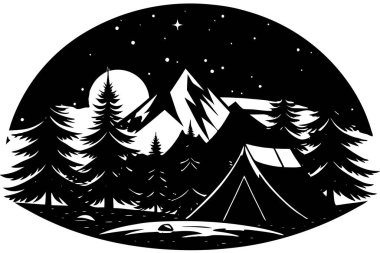 Serene Twilight Forest Illustration with Kamp Ateşi ve Çadır