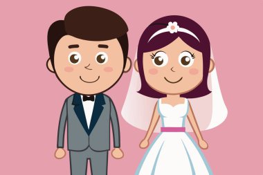 Sevimli Çizgi Film Gelini ve Damat El Tutuşu Vektör Sanatı