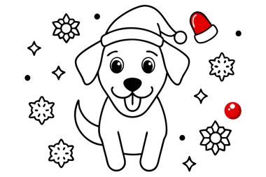 Noel 'de Noel Baba Şapkası Giyen Şenlikli Köpek Çizimi