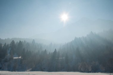 A breathtaking winter scene featuring the sunburst illuminating the misty Piatra Craiului mountain range. Snow-covered forests and serene hills create a tranquil and magical atmosphere. clipart