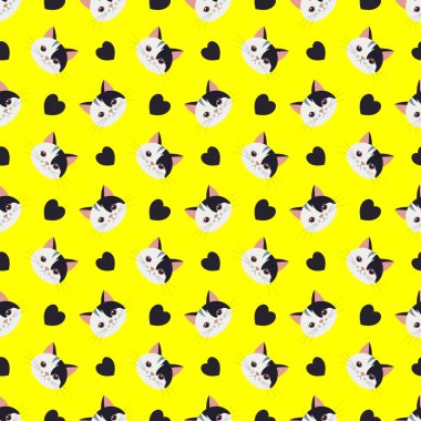 Kalpli, sarı, pürüzsüz bir desen. Kedileri ve kalpleri olan hoş, kusursuz bir desen. Tişört, tekstil, kumaş, ağ, poster, kart ve diğer tasarımlar için desen.