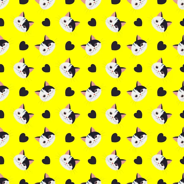 Kalpli, sarı, pürüzsüz bir desen. Kedileri ve kalpleri olan hoş, kusursuz bir desen. Tişört, tekstil, kumaş, ağ, poster, kart ve diğer tasarımlar için desen.