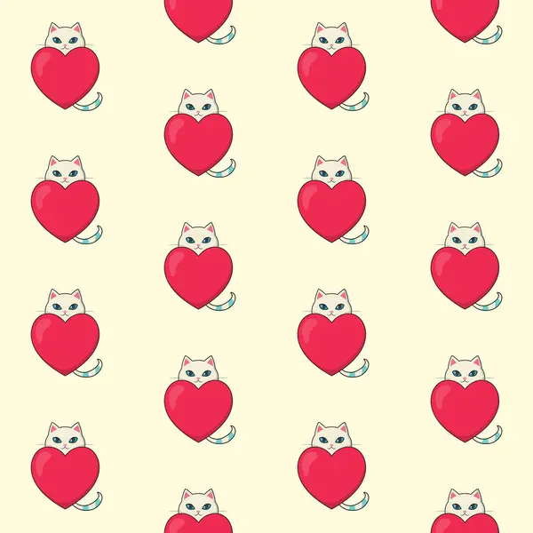 Kırmızı kalpli, pürüzsüz bir Kawaii kedisi. Kalpli sevimli kedi deseni