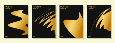 Altın soyut şekilli siyah desenli posterler.