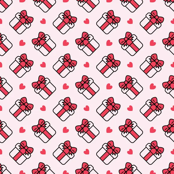 Hediye deseni. Kalpli ve hediyeli kusursuz pembe desen. Paketleme için şenlikli desen