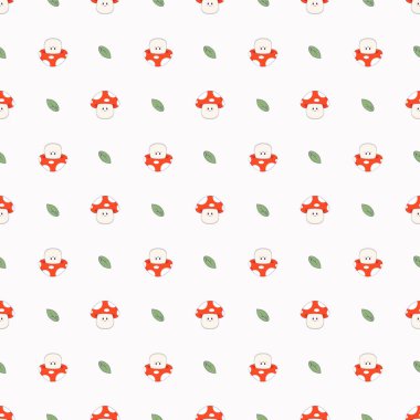 Yeşil yapraklı, mutlu ve üzgün kırmızı kawaii mantarları. Kawaii şirin mantar deseni. Bebek kıyafetleri