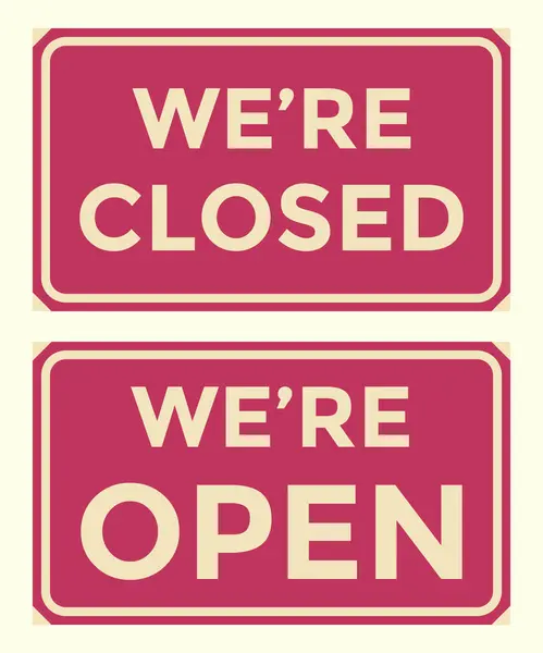 Açık ve kapalı metni olan kırmızı vontage kart. mağaza için kalem ve kapalı metin