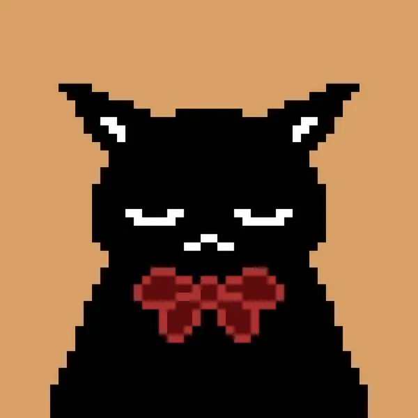 Kırmızı yaylı bir kedinin piksel avatarı. Fiyonklu piksel sanat kedisi