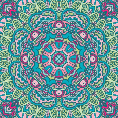 Karmaşık mandala tasarımı canlı renkler yayıyor, dengeyi, barışı ve ruhani uygulamalarda farkındalığı sembolize ediyor.