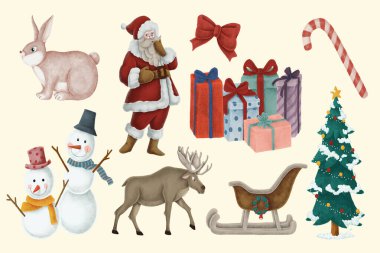 Noel Baba, kardan adam, ren geyiği, Noel ağacı, kızak, şeker kamışı, hediye kutuları ve şenlikli yaylar sergilenen harika bir tatil illüstrasyon koleksiyonu.