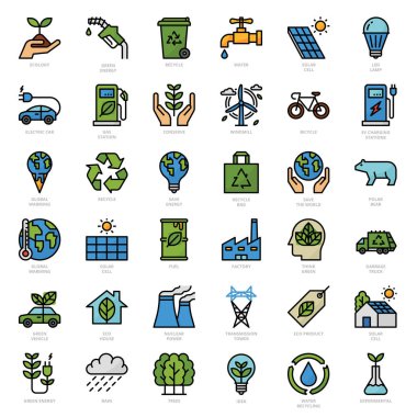 Renkli simgeler, yenilenebilir enerjiden geri dönüşüm ve koruma çabalarına kadar çevreciliğin çeşitli yönlerini sembolize etmektedir
