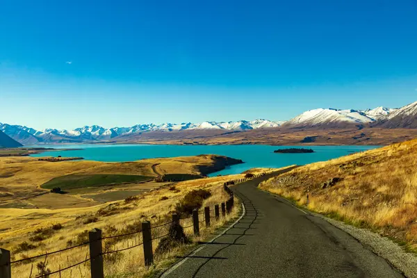 Güneşli bir günde Yeni Zelanda 'nın Tekapo Gölü' ne uzanan dolambaçlı yolun çarpıcı bir görüntüsü. Gölün turkuaz mavisi suları, uzak karlı dağların çerçevelediği güneş ışığı altında parıldıyor. Bu pitoresk rota bir yolculuğun en önemli noktasıdır.