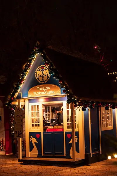 Tivoli, Kopenhag 'daki mavi çikolata evi. Sıcak bir gecede Noel ışıkları ve şenlikli süslemelerle süslenmiş..