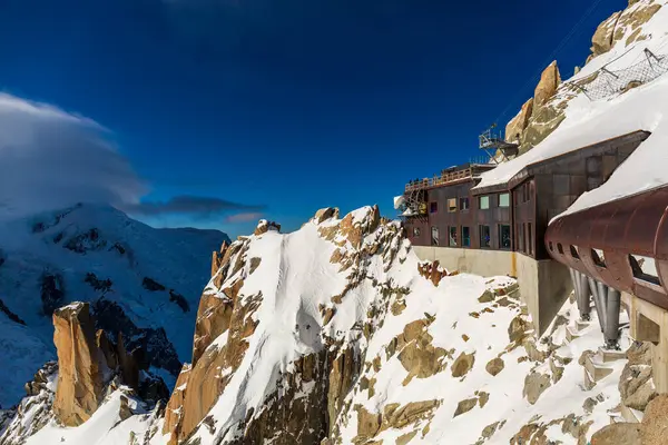 Güneşli bir kış gününde açık mavi gökyüzü ve karla kaplı arazisiyle Chamonix tepelerinin tepesine bakan güverteler..