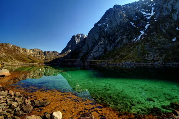 Norveç, Lofoten 'deki sakin yeşilimsi-kahverengi göl, yosun ve yosun eşsiz renkler veriyor. Kristal berrak su, yakınlarda yükselen dağlar..