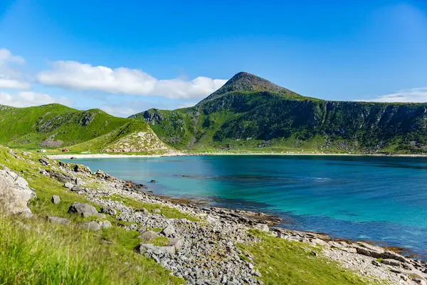 Turkuaz yeşili fiyort suyu güneşli bir günde Norveç 'in Lofoten kentindeki dağlarla çevrilidir. Nefes kesici ve huzurlu doğal bir sahne..