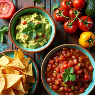 Taze salsa sosu, guacamole ve cips rengarenk bir masada.