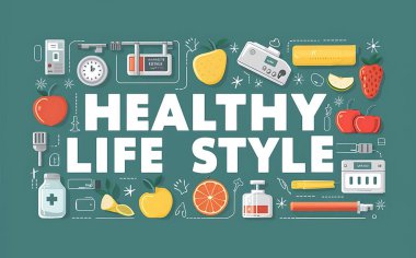 Healthy lifestyle awareness banner with fruits and medical devices clipart