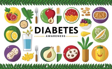 Modern diabetes awareness banner with healthy eating icons clipart