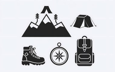 Icon set of mountain peaks, tents, and outdoor adventure symbols clipart