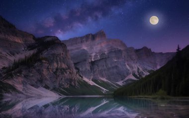 Mountain landscape with starry night sky and glowing moon clipart