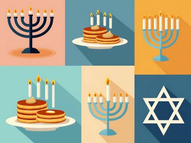 Modern Hanukkah icon set with stylized candles, latkes, and Star of David in pastel shades clipart