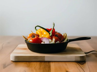 Minimalistic setup of a cast iron skillet with cooking ingredients clipart