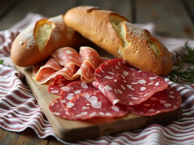 Unique perspective of fresh bread and charcuterie on striped fabric clipart