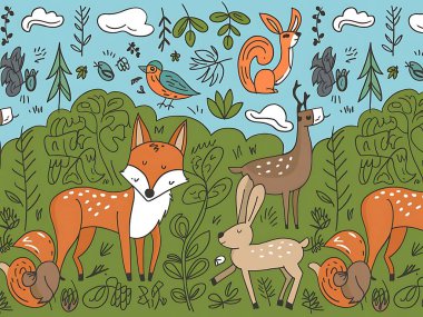 Hand-Sketched Wildlife Doodle Pattern for Eco Designs clipart