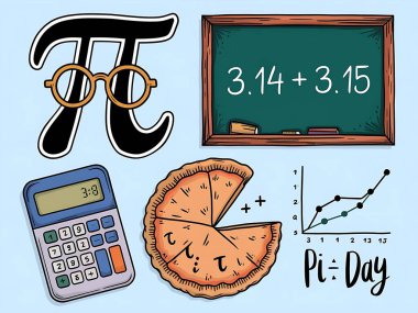 İnek matematik temalı el çizimi Pi Day dijital etiket paketi