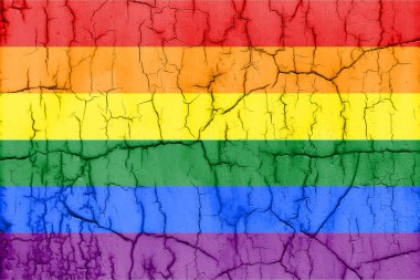 Kırık duvarda gökkuşağı LGBT gururu, desenli arka plan.