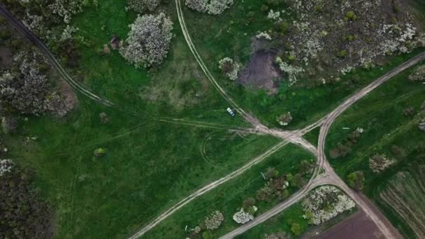 早春の土地 農地と森林の間の農村部の道路 高飛行 ドローン映像 自然背景の空中トップビュー — ストック動画