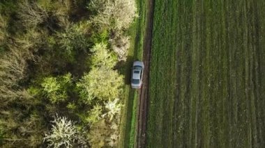 Gri arabanın havadan görünüşü tarım arazisi yakınlarındaki kırsal alanda tek başına off-road yapıyor. İnsansız hava aracıyla çekim. İlkbahar Günü.