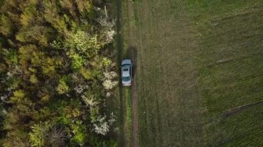 Gri arabanın havadan görünüşü tarım arazisi yakınlarındaki kırsal alanda tek başına off-road yapıyor. İnsansız hava aracıyla çekim. İlkbahar Günü.