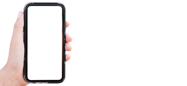 Närbild Manlig Hand Håller Smartphone Med Tomt Skärmen Isolerad Vit — Stockfoto