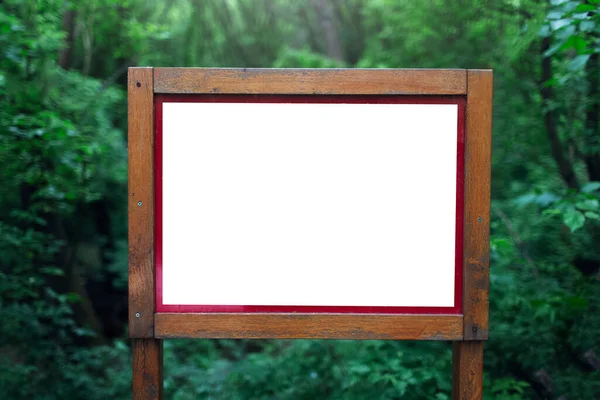 Zbliżenie Drewnianego Billboardu Pustą Pustką Lesie Koncepcja Makiety — Zdjęcie stockowe