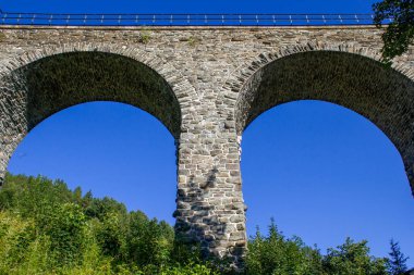 Çek Cumhuriyeti 'nde bir ormanda bulunan tarihi bir demiryolu viyadüğü.
