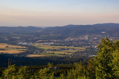 Yüksek bir dağdan yeşil ormanların doğal güzelliğinin nefes kesici bir görüntüsü.