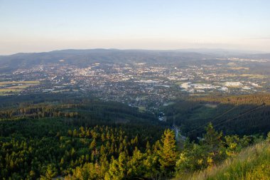 Yüksek bir dağdan yeşil ormanların doğal güzelliğinin nefes kesici bir görüntüsü.