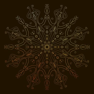 Decorative golden round frame with branches on brown background. Luxury floral mandala. Oriental circular vintage illustration. Template design for invitation, poster, card, fabric, textile.