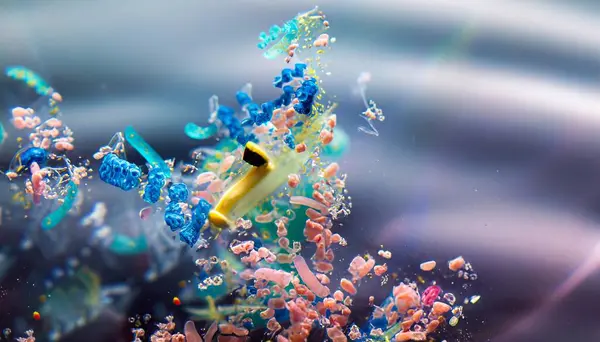 Üzerinde bir sürü enkazın ve plastiğin yüzdüğü su yüzeyi. Yüksek kalite fotoğraf