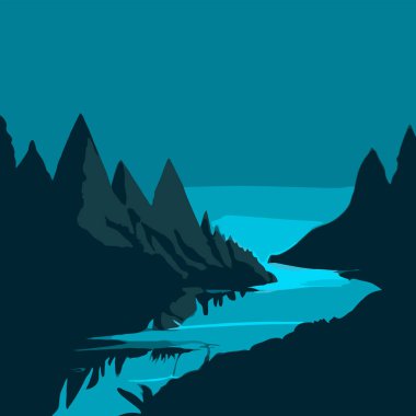 Karlı bir yerin ortasındaki bir evin manzarası. Arka planda dağlar, yıldızlar ve ay açık bir gökyüzü çizimi..