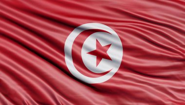 Büyük kıvrımlı Tunus bayrağı stüdyo ışıklarının altında sallanıyor. Resmi semboller ve renkler kumaş pankartıyla