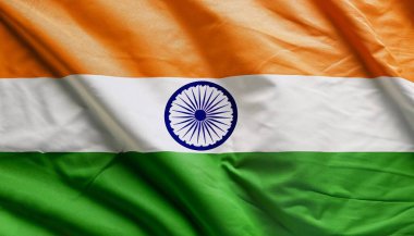 Hindistan 'ın dalgalanan arka planının gerçekçi kumaş kumaş kumaş ipek saten bayrağını kapatın. Ülkenin ulusal sembolü. 15 Ağustos, Mutlu Günler konsepti